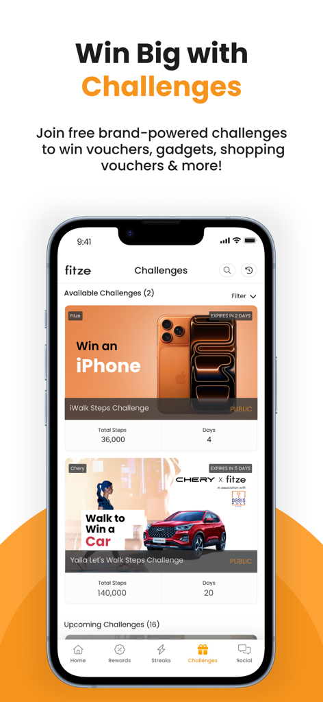 Capture d'écran de la page des défis de l'application Fitze montrant des récompenses comme un iPhone et une voiture pour avoir marché un certain nombre de pas