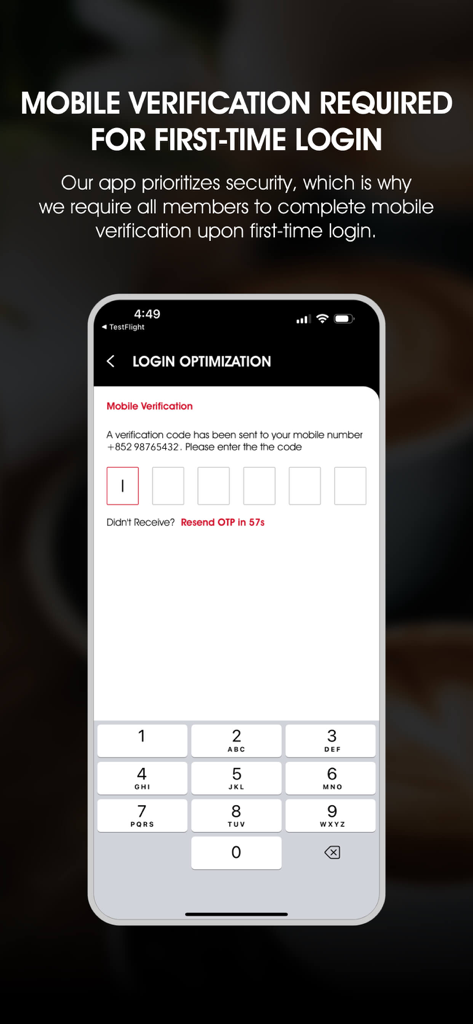 Pacific Coffee Hong Kong - Pacific Coffee app mobile verification screen for secure login.
