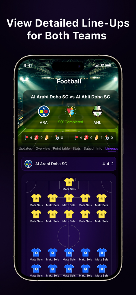 Live Football TV - Live Match - Capture d'écran de l'application FootMantra affichant une composition d'équipe de football détaillée avec les positions des joueurs sur un terrain virtuel.