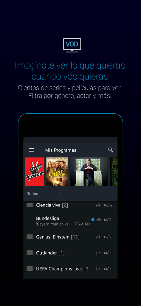 Tigo ONE tv - Tigo ONE tv mobile app showing video on demand movies series and live sports listings