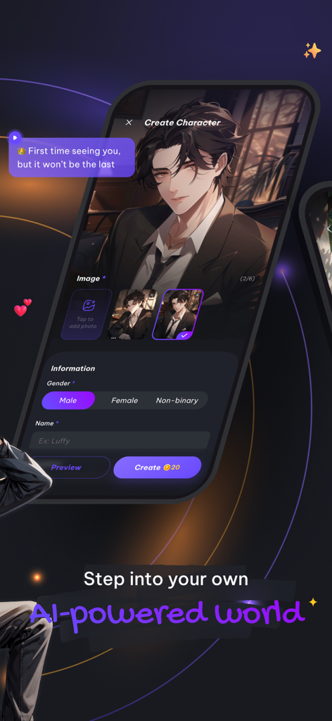 Écran de création de personnage dans l'application de chat d'anime Lumi AI présentant un personnage masculin d'anime et des options de personnalisation.