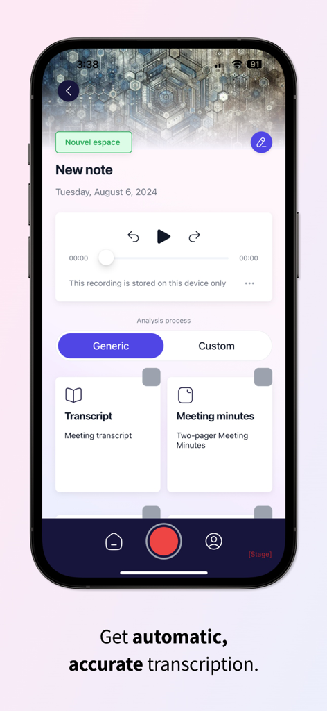 Dicte: AI Meeting Assistant - Interface de l'application Dicte AI Meeting Assistant montrant la transcription automatique et les fonctionnalités de compte-rendu de réunion