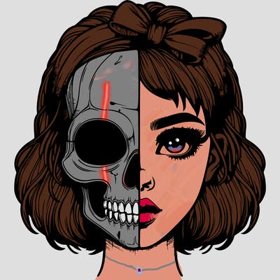 realistic girl with half skull mask