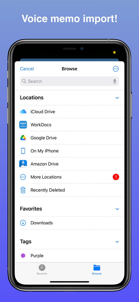 Audio Transcribe - SmartScribe - Pantalla de la aplicación SmartScribe que muestra opciones para importar archivos de audio desde ubicaciones de almacenamiento en la nube como iCloud y Google Drive.