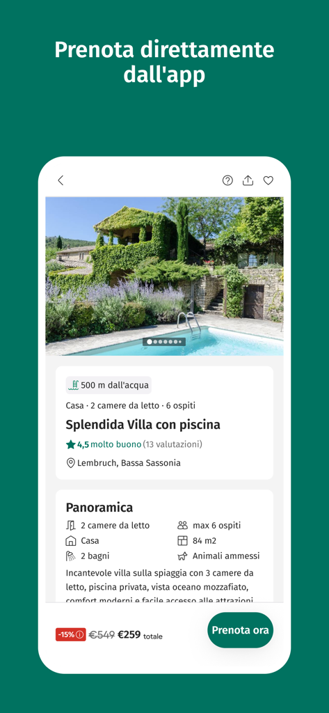 Schermata di prenotazione dell'app CaseVacanza.it che mostra una villa di lusso con piscina