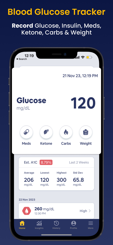 Blood Sugar Monitor Glucobyte - Glucobyte app home screen displaying blood glucose levels and A1C estimation