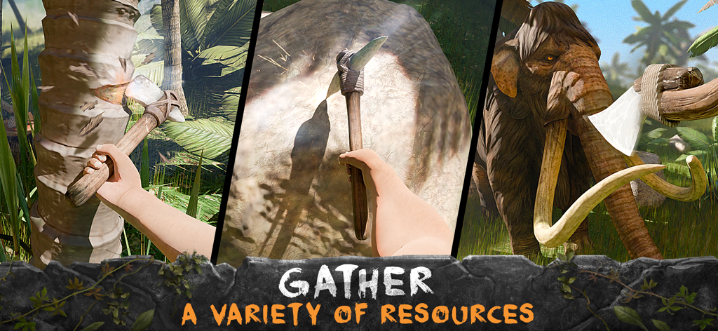 Survival Island: EVO Adventure - Eine Collage, die das Überlebens-Gameplay zeigt, bei dem ein Charakter Bäume fällt, Steine ​​abbaut und ein Mammut für Ressourcen jagt.