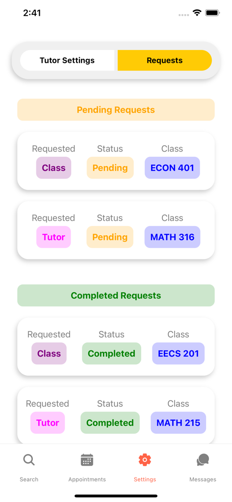MTutor - Interfaz de la aplicación móvil MTutor que muestra solicitudes de tutoría pendientes y completadas para cursos específicos de la Universidad de Michigan.