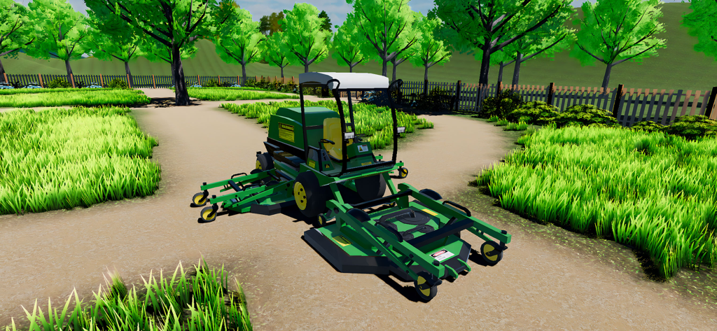Grass Cutting Game - A professional green riding lawn mower on a dirt path in a sunny park with lush grass and trees