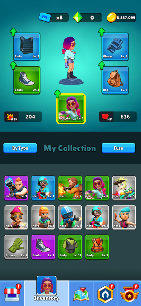 Survive Squad - Hero inventory and equipment management screen in Survive Squad