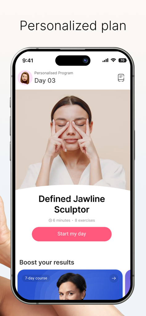 FaceTone: Face Fitness & Yoga - A mobile screen from the FaceTone app showing a personalized face yoga routine for a defined jawline.