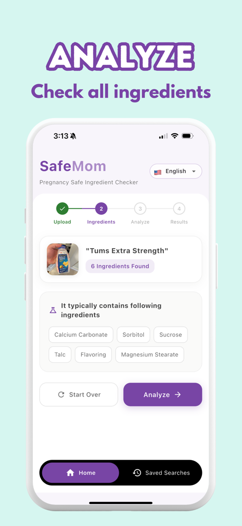 Interface de l'application SafeMom affichant une liste d'ingrédients de produit pour une analyse de sécurité pendant la grossesse.