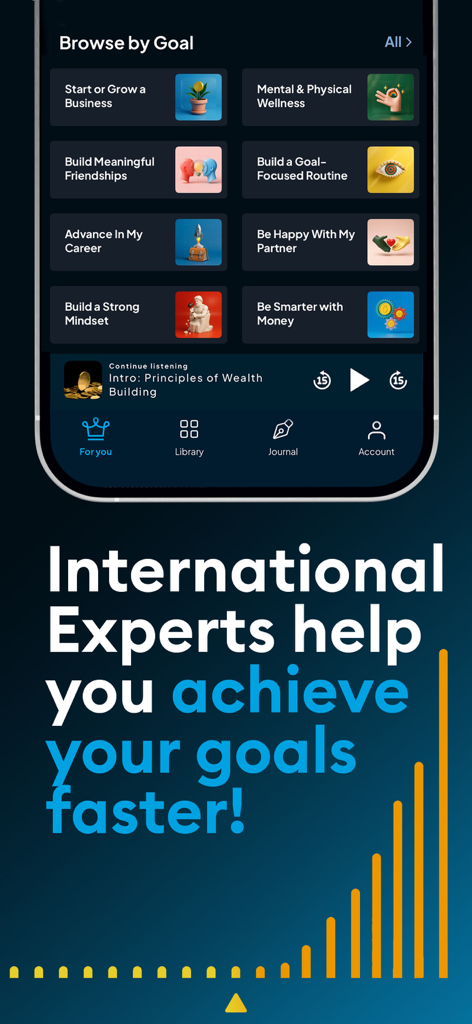 Alux: Self Help & Improvement - Alux app interface showing various self-improvement categories like business, wellness, and career under a Browse by Goal section.