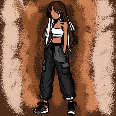 girl in baggy pants crop top and long hair