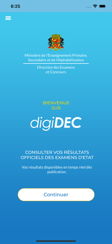 digiDEC - Home screen of the digiDEC app for official exam results in Congo Brazzaville