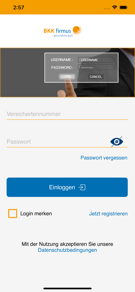 BKK firmus health insurance app login screen with fields for insurance number and password