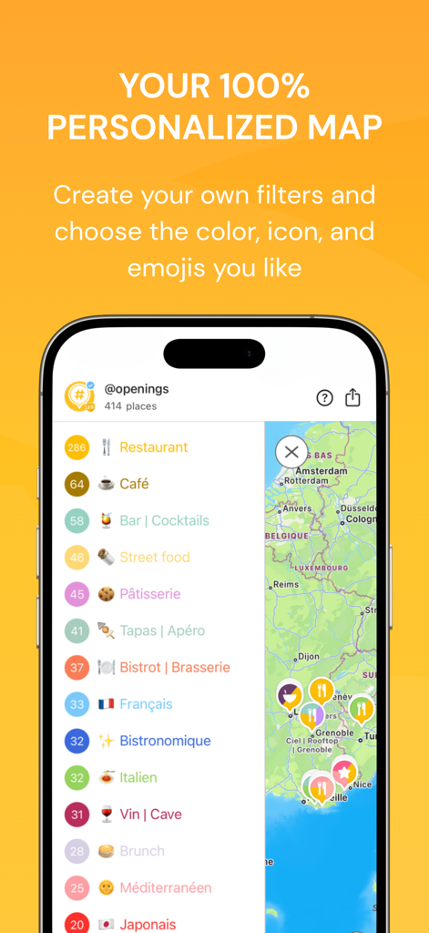 Mapstr – Save & Follow Places - Mapstr app interface displaying custom filters and a personalized map with color coded icons