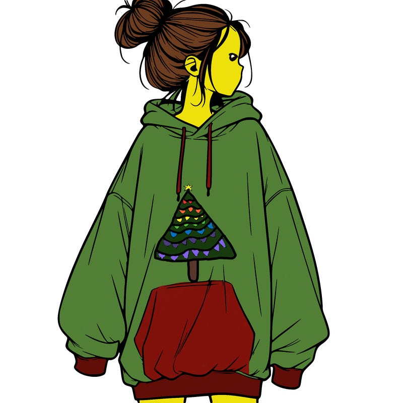 realistic girl with a oversized sweatshirt on and a bun