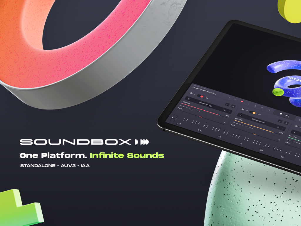 Soundbox - Instrument Platform - Soundbox music instrument platform interface on an iPad with professional audio controls.
