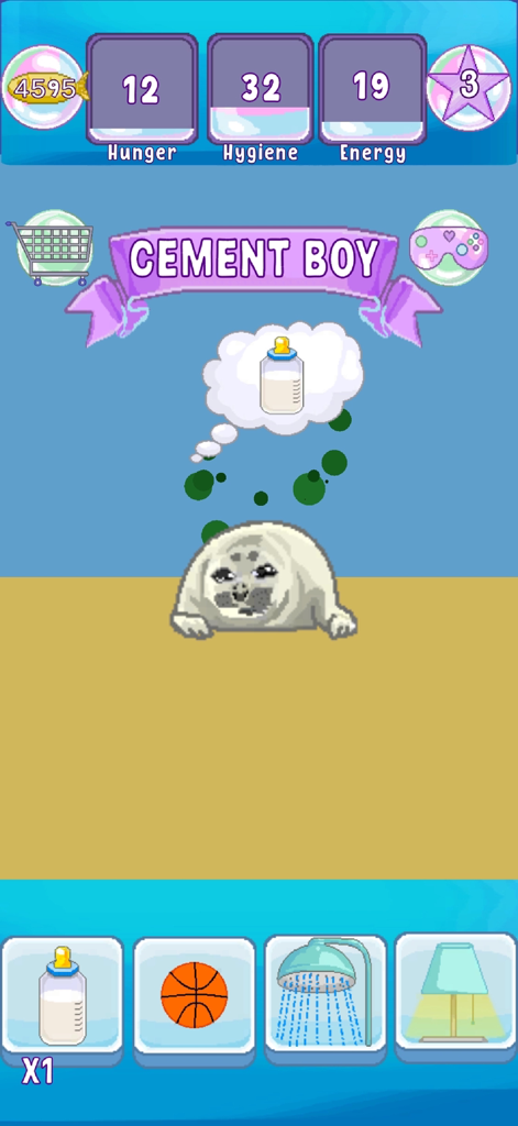 Virtual Seal Pet - Gameplay screen of Virtual Seal Pet showing a white seal named Cement Boy with status bars for hunger hygiene and energy