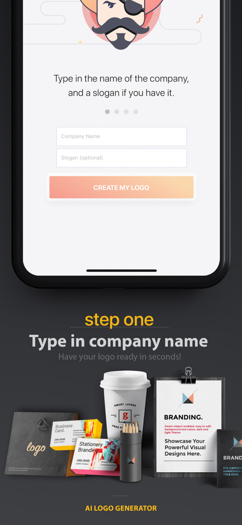 AI Logo Generator-Design Maker - 会社名とスローガン入力フィールドを備えたロゴ作成プロセスのステップ1を表示するモバイル画面