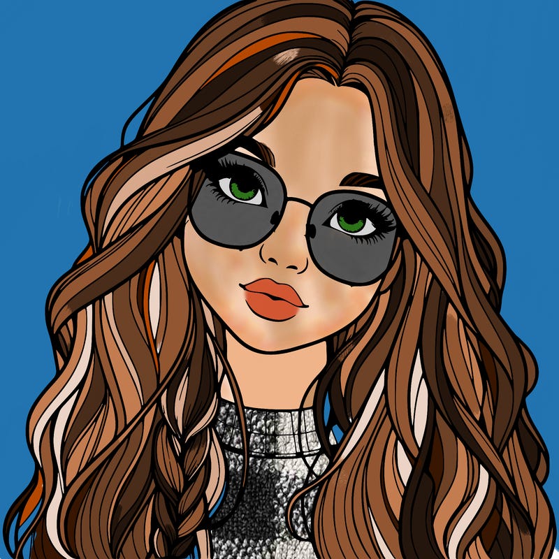 girl with long hair and freckles and glasses realistic