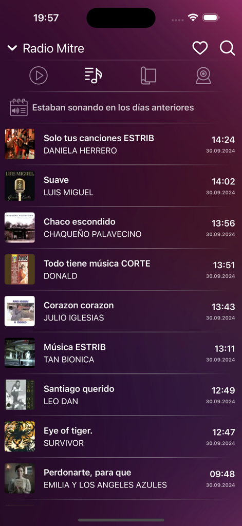 Lista de músicas tocadas recentemente na Radio Mitre dentro do aplicativo móvel MyRadioEnVivo Argentina