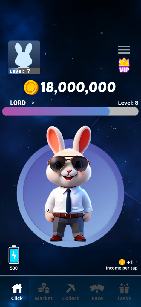 Bunny Clicker - A bunny dressed as a businessman on the main screen of the Bunny Clicker mobile app
