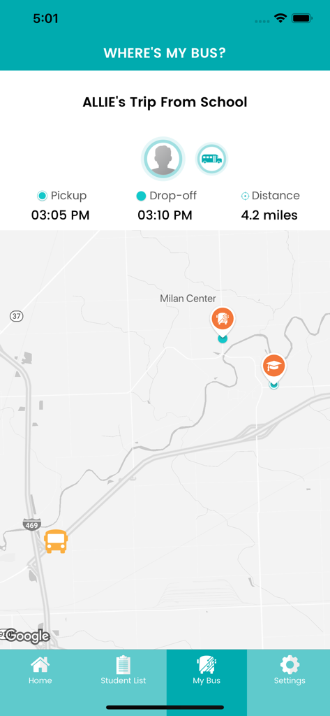 Real-time school bus tracking interface showing bus location on a map with pickup and dropoff times.