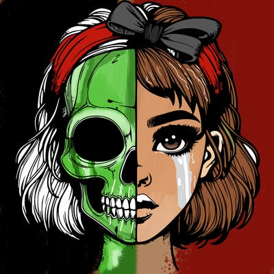 realistic girl with half skull mask