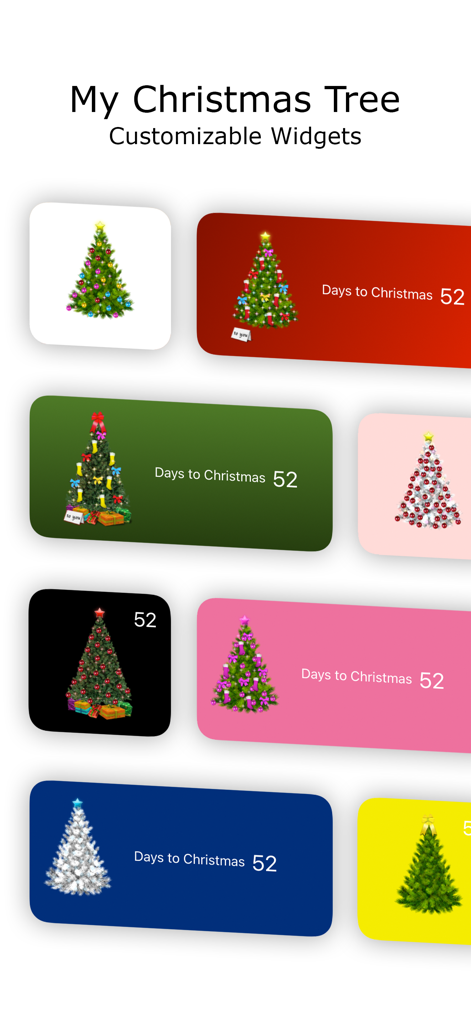 A collection of customizable Christmas tree widgets showing various colors and holiday countdowns