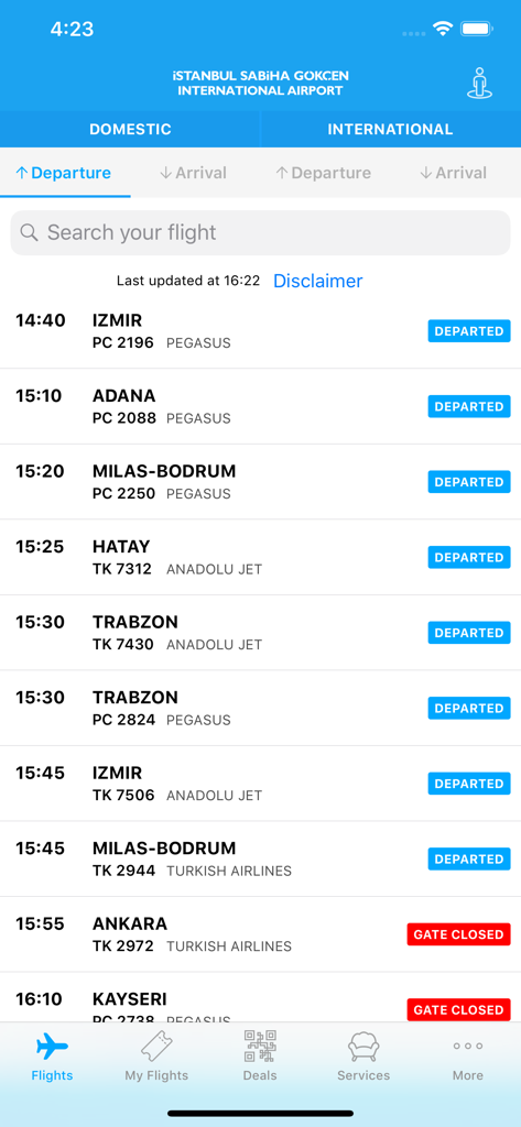 Sabiha Gökçen - Liste des Echtzeit-Abflugstatus für Inlandsflüge in der mobilen App des Flughafens Sabiha Gokcen