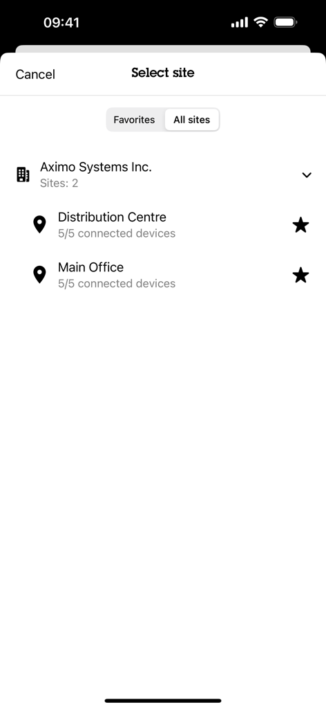 AXIS Audio Manager - Screen in the AXIS Audio Manager app showing a list of managed sites such as distribution centers and main offices with device connection status.