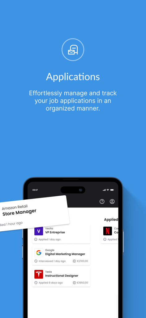 Interface de l'application CVwizard montrant une liste des candidatures suivies pour diverses entreprises