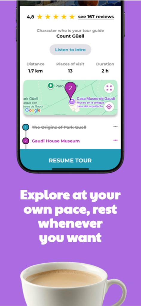 Park Güell Audioguide & Tours - Schermata dell'app audioguida Park Guell che mostra i dettagli del tour, una mappa e una tazza di caffè