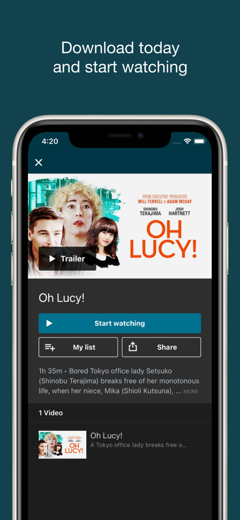 Mobile view of the Film Movement Plus app showing the movie detail page for Oh Lucy with a play button and film description