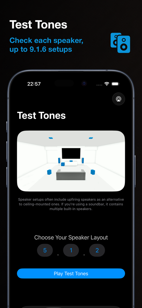 Sound test for Dolby Atmos - Oberfläche zur Auswahl eines Lautsprecher-Setups für die Wiedergabe von Dolby Atmos Testtönen zur Audio-Kalibrierung.