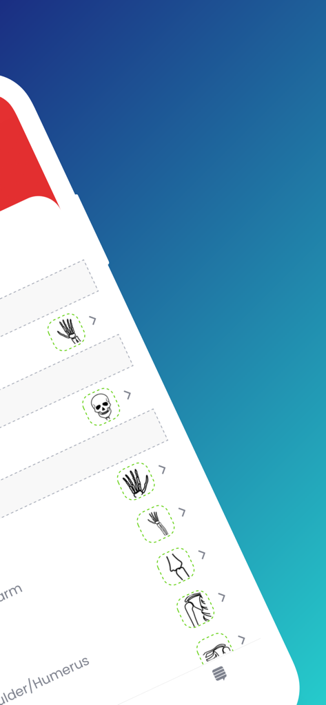 Pedbone App-Bildschirm mit einem Auswahlmenü für verschiedene anatomische Teile wie Schädel- und Handknochen