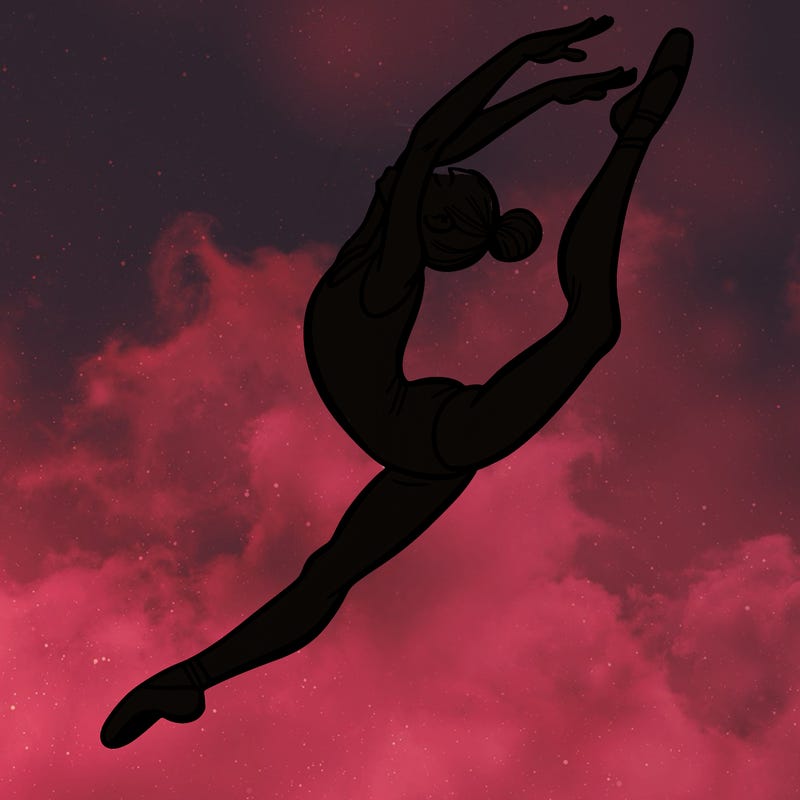 gymnast doing a leap in a leotard with a bent back leg