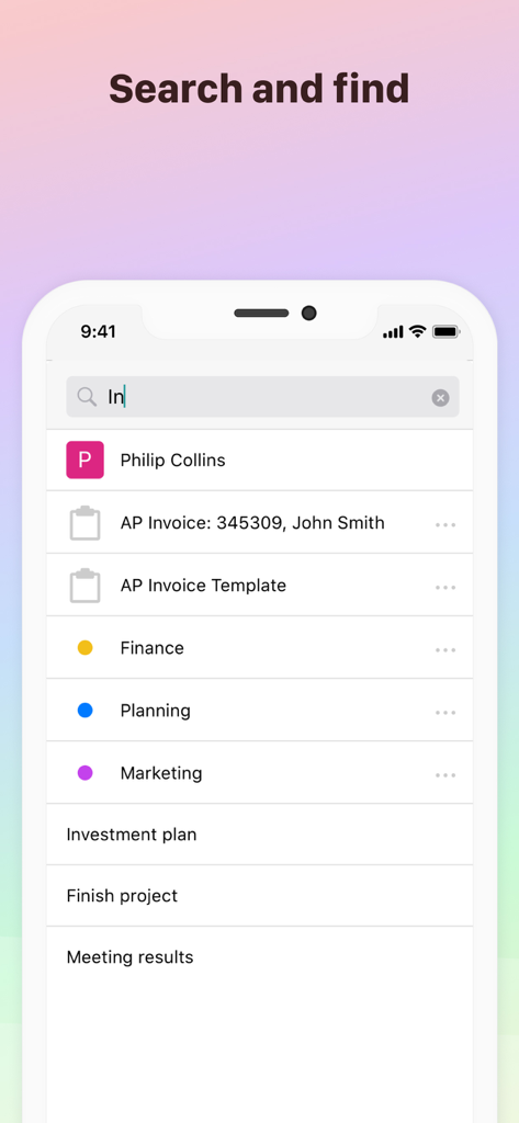 Pyrus · Team Communication - A mobile screenshot of the Pyrus team communication app showing the search and find interface with results for contacts, invoices, and projects.
