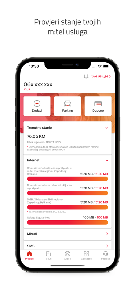 Moj mtelアプリのインターフェース。アカウント残高とデータ使用量が表示されています。