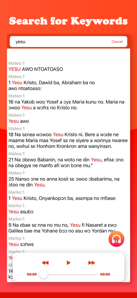 Twi Bible - Akuapem & Audio - Keyword search results for yesu in the Twi Bible Akuapem app interface