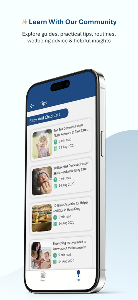 HelperPlace app screen showing baby and child care tips and guides for domestic helpers and employers