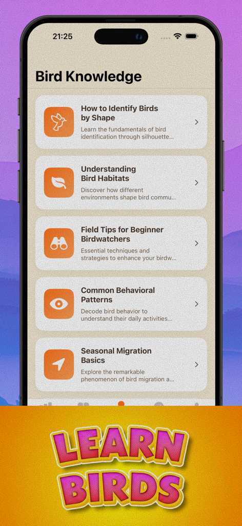 Wild Bird Ledger - 鳥の識別、生息地、渡りのパターンに関する記事リストが表示された、Wild Bird Ledgerの知識セクションを表示するスマートフォン画面。