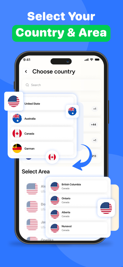 Interface para selecionar um país e região para um segundo número de telefone