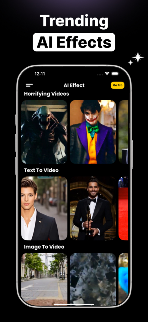 AI Dance Studio : Reelverse - Smartphone screen showing the AI Dance Studio Reelverse app interface with trending AI video effects including text to video and image to video categories.