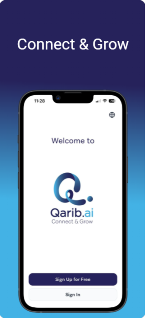 Qarib : Connect & Grow - Welcome screen of the Qarib.ai smart community platform showing the logo and sign-in buttons