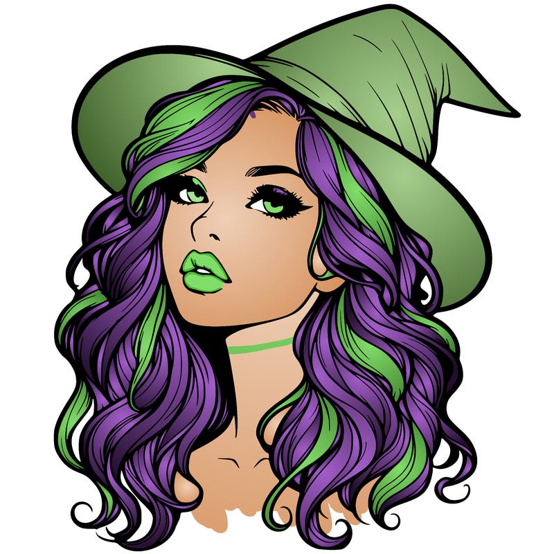 realistic witch girl with wavy hair and lips