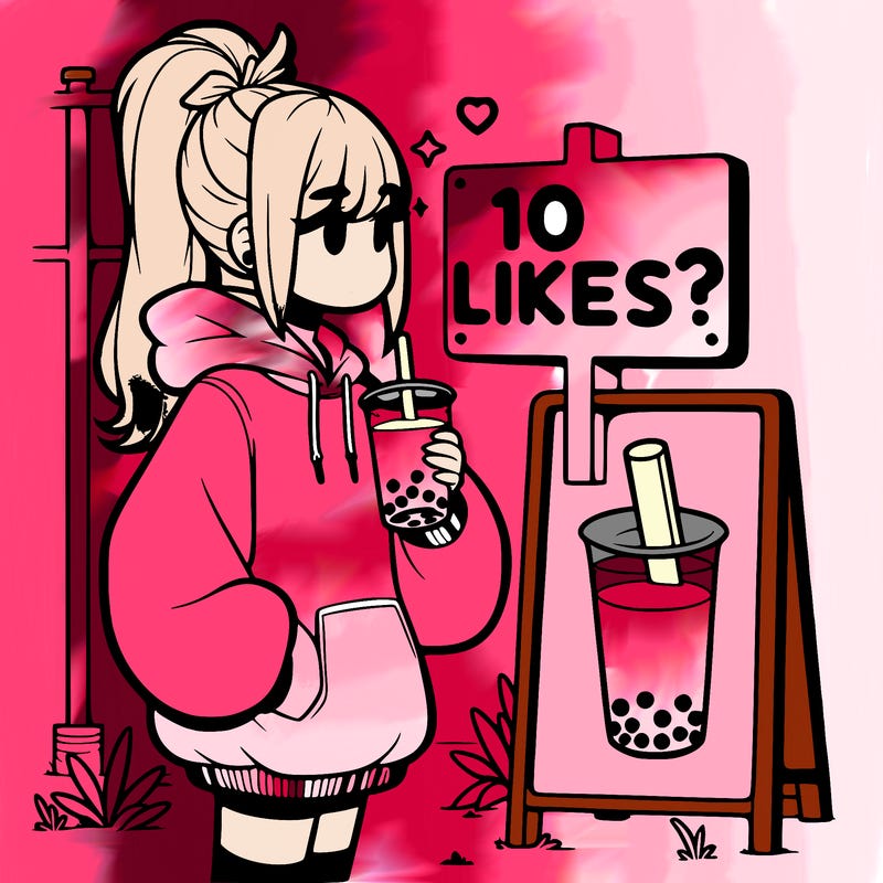 girl with oversized hoodie drinking boba and she has a high ponytail with a sign that says 10likes?