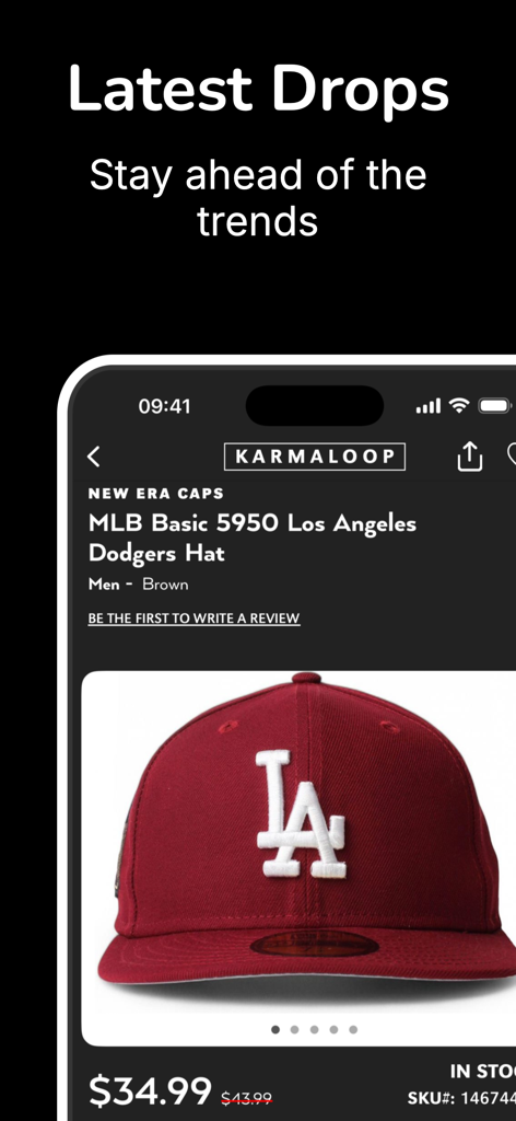 Karmaloop.com - Karmaloop app product page showing a New Era Los Angeles Dodgers hat under the Latest Drops section